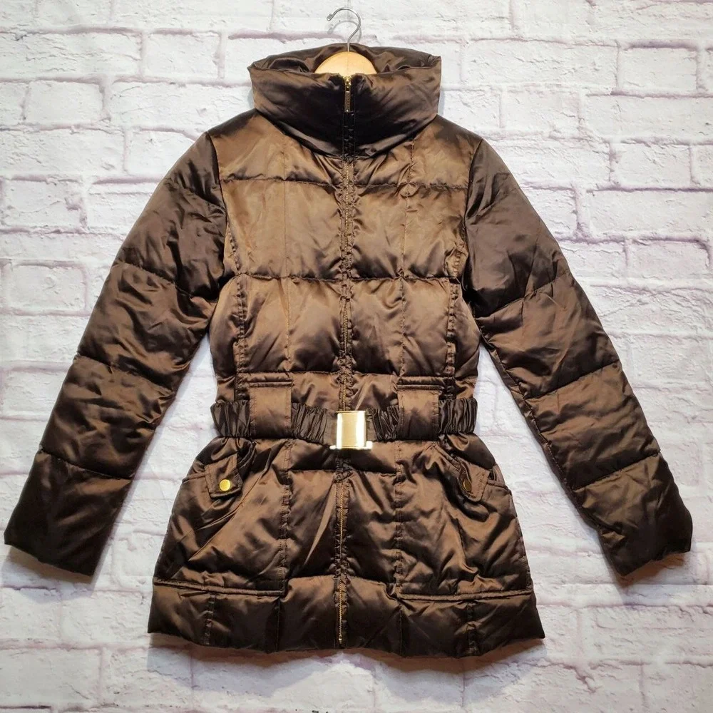 Laundry By‎ Shelli Segal Down Feather Puffer Jacket Womens Medium Brown Belted